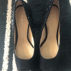 Size 6 -- Nine West Black Glitter Peep Toe Heel